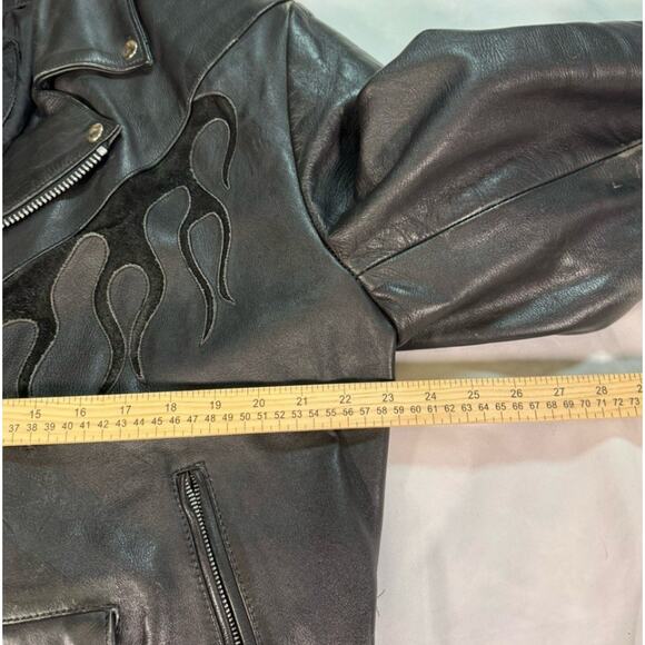 Vent Tech Black Vented Leather Motorcycle Jacket Green Flames Sz M - Picture 5 of 10